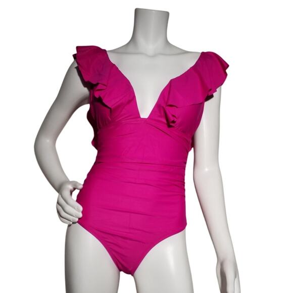 J Crew Womens Ruched Ruffle One Piece Swimsuit Size 8 Pink Vneck Open Back - Picture 1 of 7